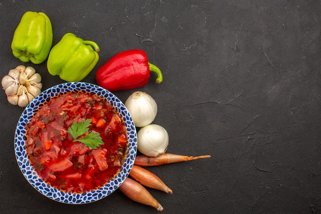 Vista dall'alto borsch ucraino con verdure fresche su oscurità