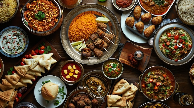 Vista dall'alto celebrazione dell'eid al-fitr con cibo delizioso