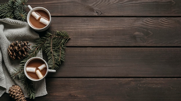 Vista dall'alto cioccolata calda con rami di pino, coni e copia-spazio