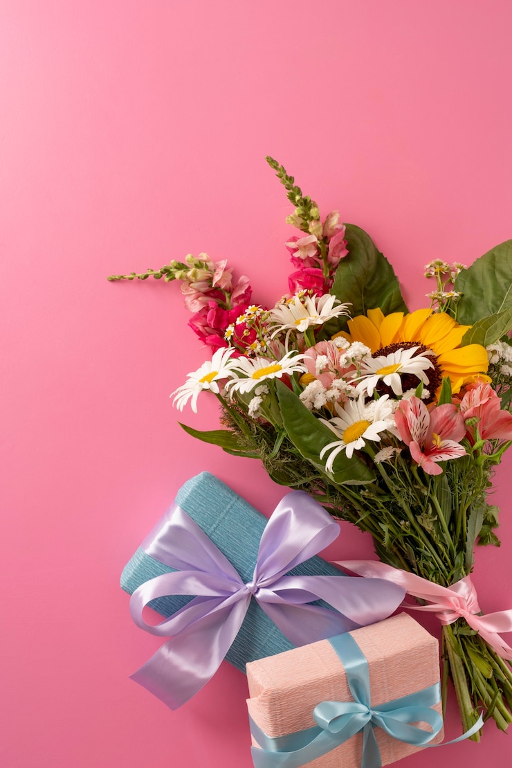 Foto gratuito vista dall'alto del bouquet di fiori con regalo