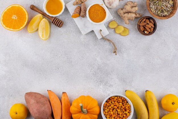 Vista dall'alto del cibo che aumenta l'immunità per uno stile di vita sano