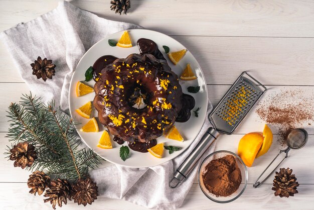 Vista dall'alto del concetto di torta al cioccolato