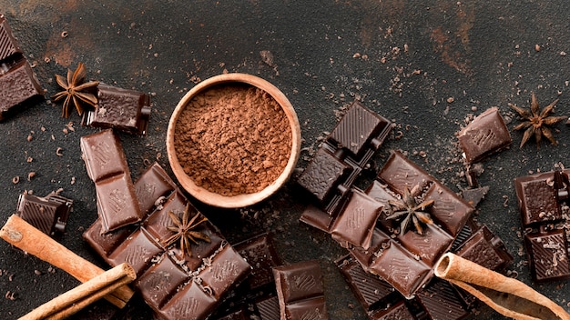 Vista dall'alto del delizioso concetto di cioccolato