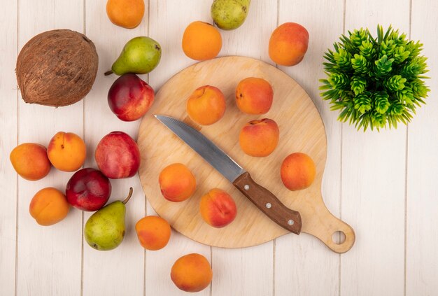 Vista dall'alto del modello di frutta come albicocche con coltello sul tagliere e modello di pere pesche di cocco con fiore su sfondo di legno