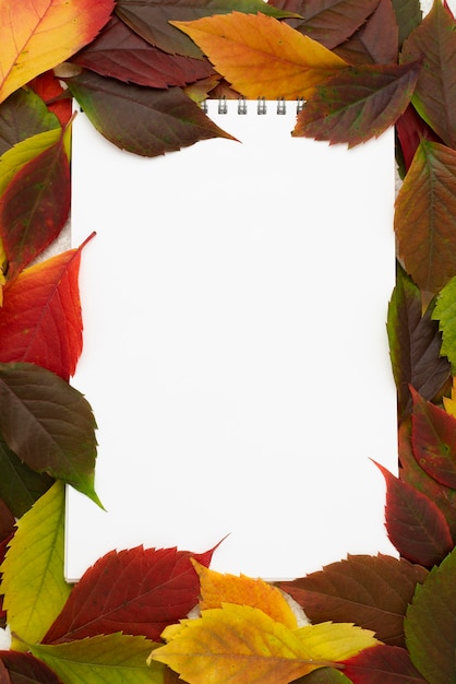 Vista dall'alto del taccuino con cornice di foglie d'autunno