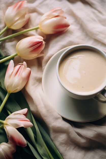 Vista dall'alto deliziosa tazza di caffè con piante