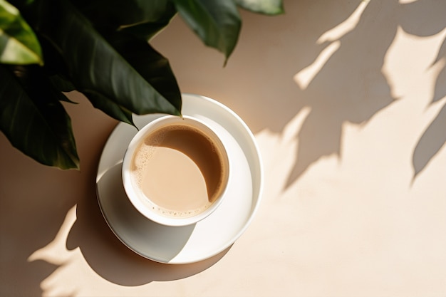 Vista dall'alto deliziosa tazza di caffè con piante
