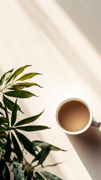 Vista dall'alto deliziosa tazza di caffè con piante