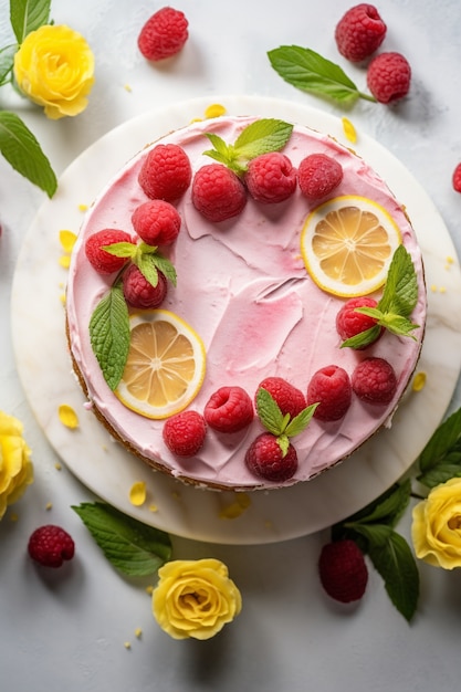 Vista dall'alto deliziosa torta con lamponi