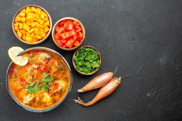 Vista dall'alto deliziosa zuppa con verdure e verdure su uno spazio grigio