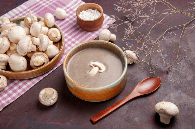 Vista dall'alto deliziosa zuppa di funghi con funghi freschi su uno spazio buio