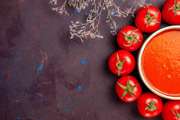 Vista dall'alto deliziosa zuppa di pomodoro circondata da pomodori rossi freschi sullo sfondo scuro salsa di zuppa di pomodoro