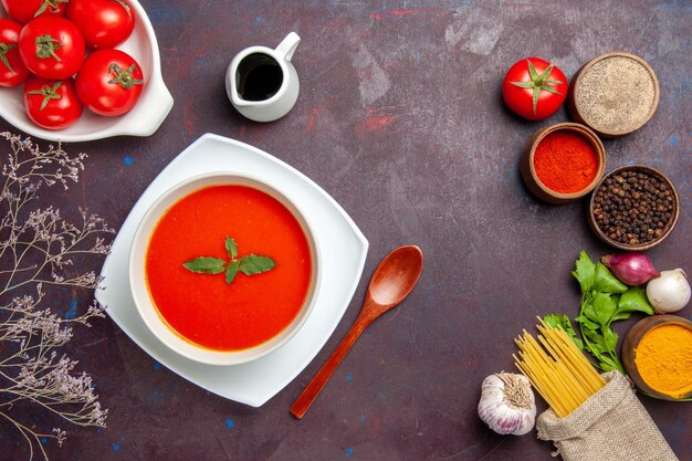 Vista dall'alto deliziosa zuppa di pomodoro con pomodori freschi e condimenti su fondo scuro