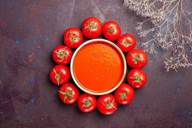 Vista dall'alto deliziosa zuppa di pomodoro con pomodori rossi freschi sullo sfondo scuro piatto di cena con zuppa di pomodoro