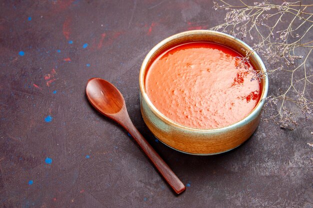 Vista dall'alto deliziosa zuppa di pomodoro cucinata con pomodori freschi su fondo scuro salsa di pomodoro piatto di zuppa