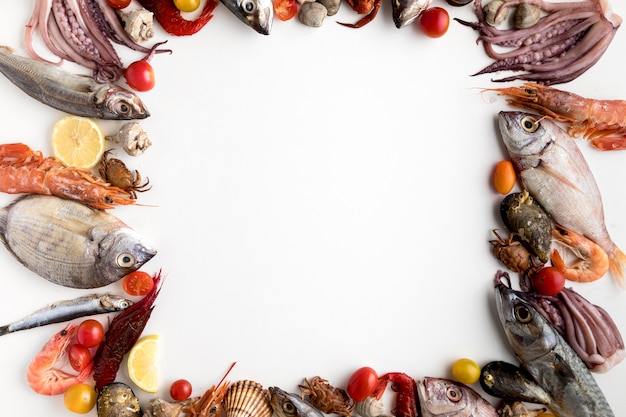 Vista dall'alto dell'assortimento di frutti di mare