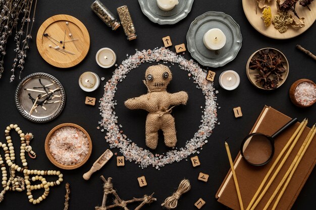 Vista dall'alto della bambola voodoo e degli oggetti esoterici