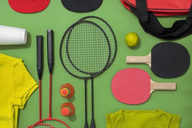 Vista dall'alto della composizione con articoli sportivi ordinatamente disposti e organizzati