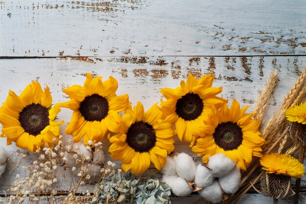 Vista dall'alto della cornice di girasoli con cotone