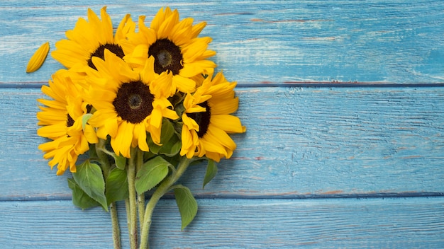 Vista dall'alto della cornice di girasoli con spazio di copia