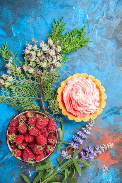 Vista dall'alto della piccola torta con crema pasticcera rosa ciotola con lamponi sulla superficie blu