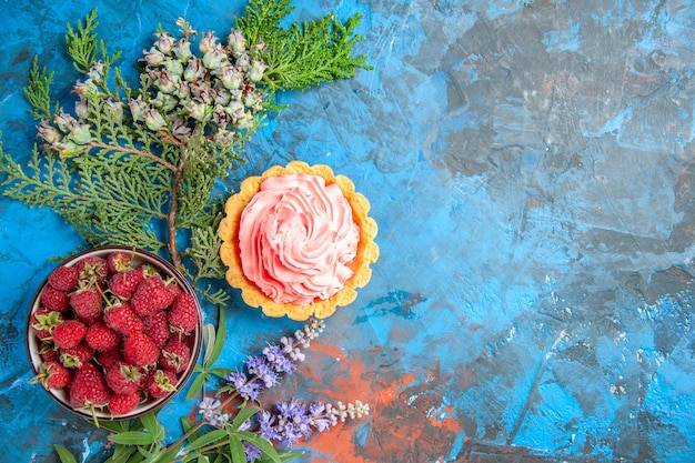 Vista dall'alto della piccola torta con crema pasticcera rosa ciotola con lamponi sulla superficie blu