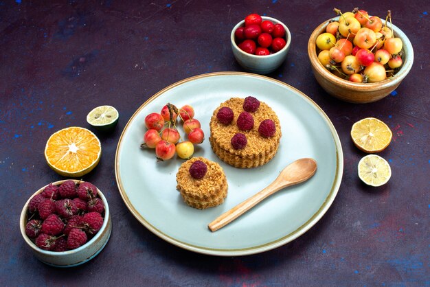 Vista dall'alto della piccola torta rotonda con lamponi freschi all'interno del piatto con frutta fresca sulla superficie scura