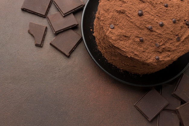 Vista dall'alto della torta al cioccolato con cacao in polvere e copia spazio