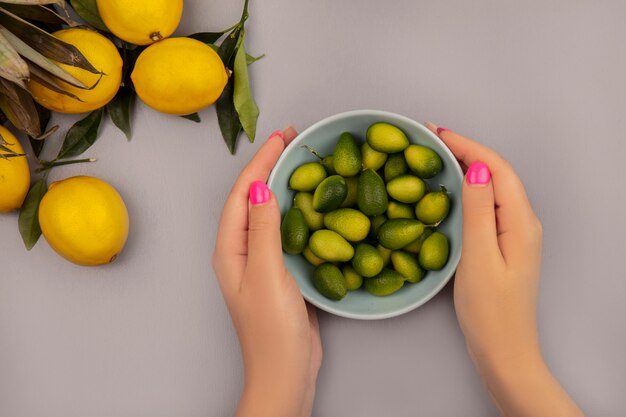 Vista dall'alto delle mani femminili che tengono una ciotola di kinkan con limoni isolati su sfondo bianco