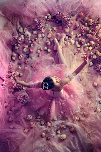 Vista dall'alto di bella giovane donna in tutu di balletto rosa circondato da fiori