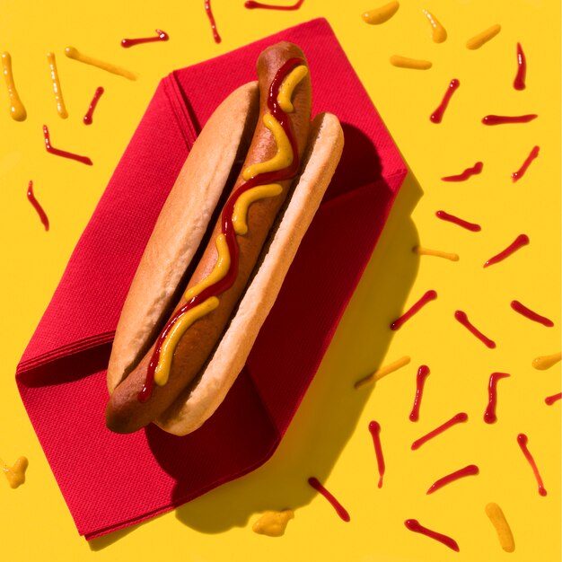 Vista dall'alto di hot dog e ketchup