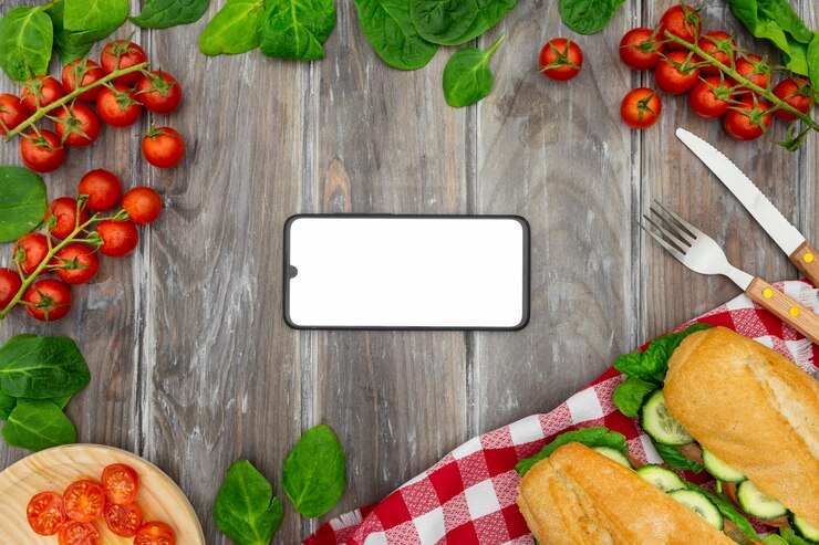 Foto gratuito vista dall'alto di panini con pomodori e smartphone