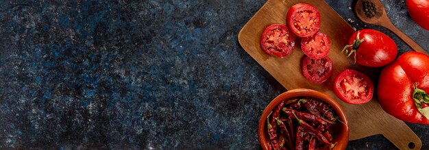 Vista dall'alto di peperoncino con pomodori e copia spazio