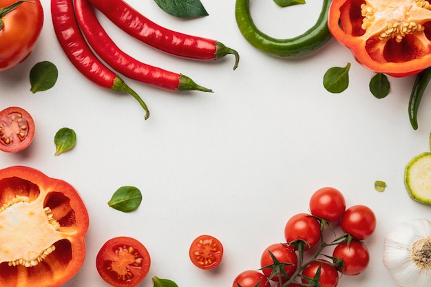 Vista dall'alto di peperone con pomodori e peperoncino