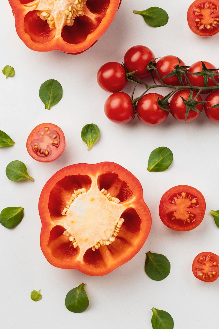 Foto gratuito vista dall'alto di peperone con pomodori