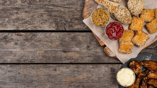 Vista dall'alto di pepite di pollo fritto e tre salse con copia spazio