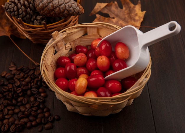 Vista dall'alto di piccoli frutti di corniola rosso pallido su un secchio con pigne su un secchio con foglie gialle dorate e chicchi di caffè isolati su una superficie di legno