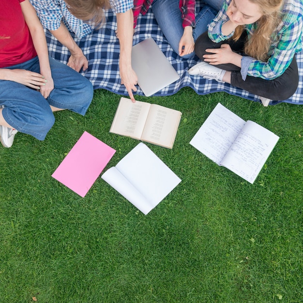 Vista dall&#39;alto di studenti con libri sull&#39;erba