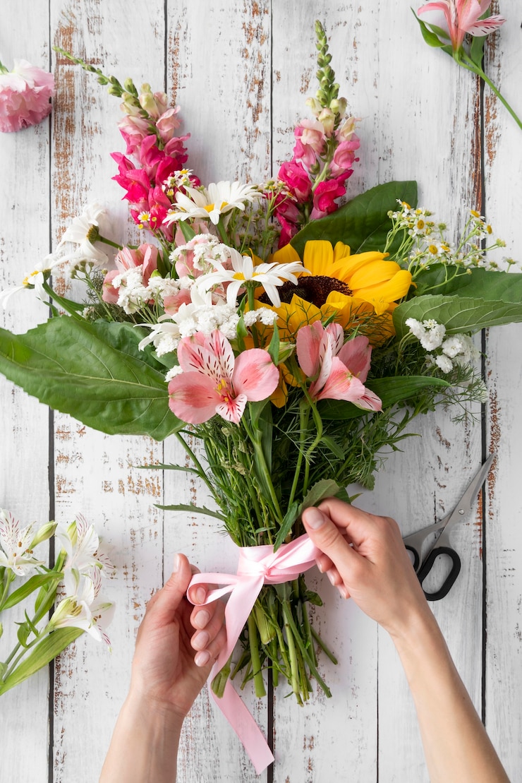 Foto gratuito vista dall'alto di un bellissimo bouquet di fiori