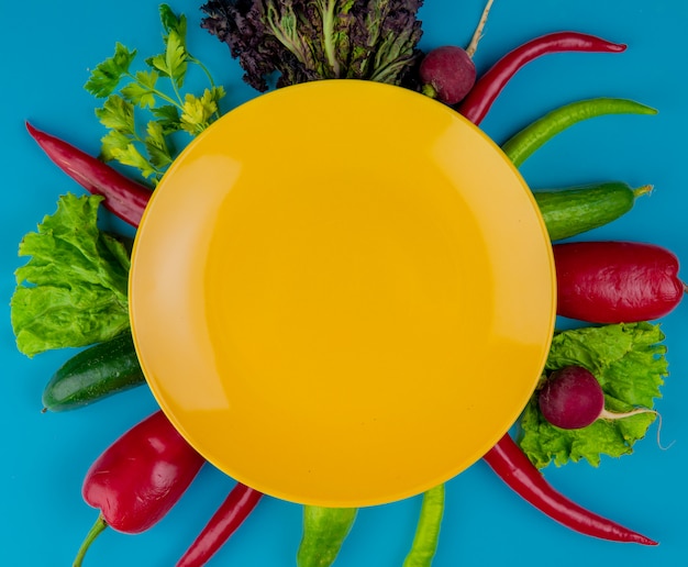 vista dall'alto di un piatto giallo vuoto su verdure fresche cetrioli ravanello rosso e verde peperoncino e lattuga su sfondo blu