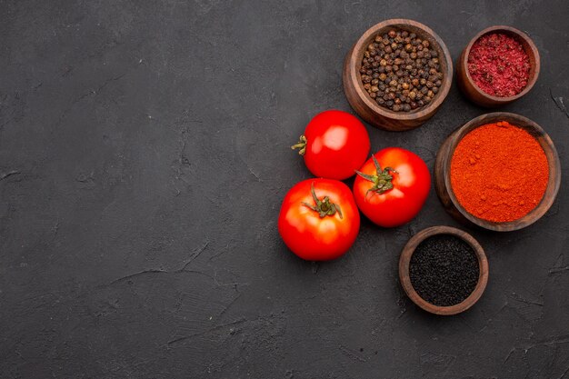 Vista dall'alto diversi condimenti con pomodori rossi freschi su sfondo scuro insalata di farina di condimento per la salute