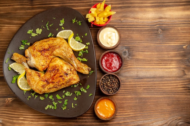 Vista dall'alto fast food nel piatto pollo con limone ed erbe aromatiche nel piatto accanto alle ciotole di salse al pepe nero e patatine fritte sul lato sinistro del tavolo scuro