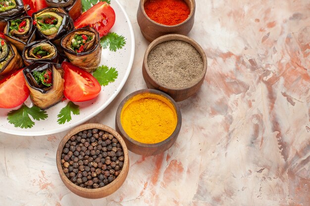 Vista dall'alto gustosi involtini di melanzane con pomodori e condimenti