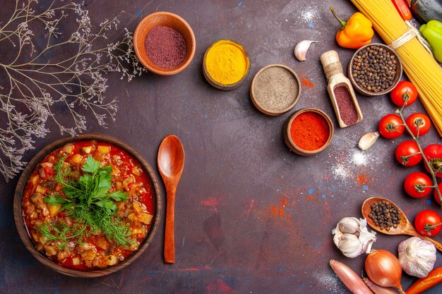 Vista dall'alto gustoso pasto di salsa di verdure cotte con condimenti diversi sullo sfondo scuro salsa pasto piatto di cibo