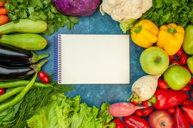 Vista dall'alto notebook zucchine pomodorini aneto melanzane coriandolo prezzemolo ravanello mele lattuga cavolfiore peperoni