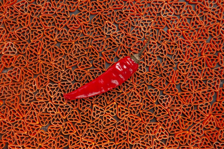 Foto gratuito vista dall'alto peperoncino rosso su pasta italiana a forma di cuore sul tavolo scuro