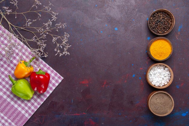 Vista dall'alto peperoni colorati con diversi condimenti su sfondo grigio peperone vegetale piccante cibo caldo