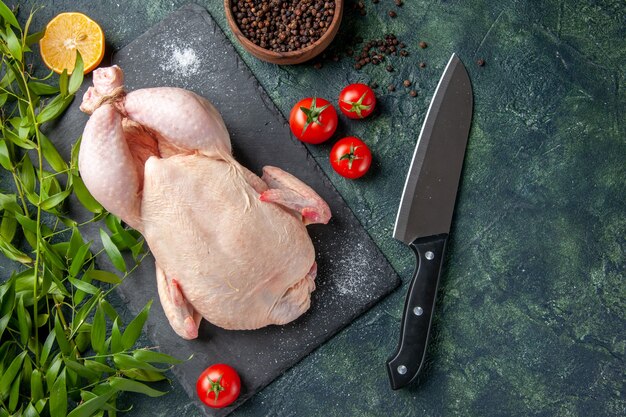 Vista dall'alto pollo crudo fresco con pomodori rossi su sfondo scuro pasto foto animale colore carne di pollo