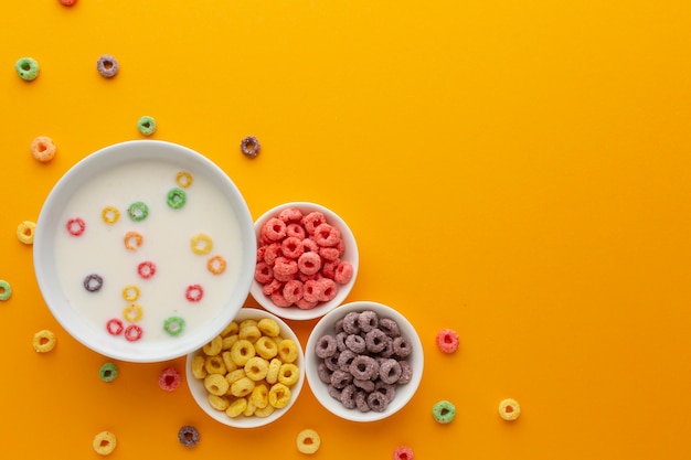 Vista dall'alto set di ciotole con latte e cereali