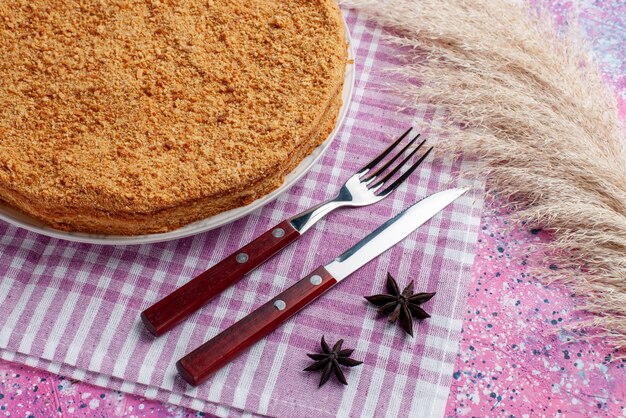 Vista dall'alto una deliziosa torta rotonda all'interno del piatto con posate sulla torta da scrivania rosa brillante torta biscotto dolce cuocere